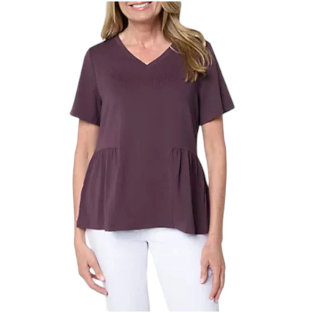 AnyBody Women's Cozy Knit Jersey Short Sleeve Peplum Top Eggplant - Regular